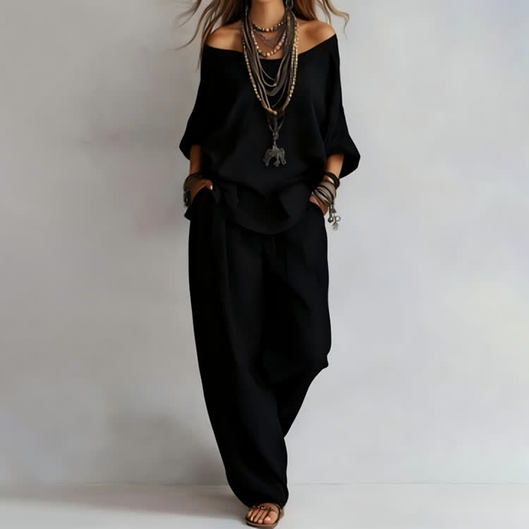 Simple Solid Cozy Wide Collar 3/4-sleeve Top & Pants Set - image 6