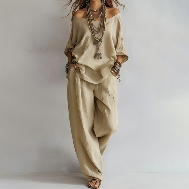 Simple Solid Cozy Wide Collar 3/4-sleeve Top & Pants Set - Khaki - 3XL - image 2