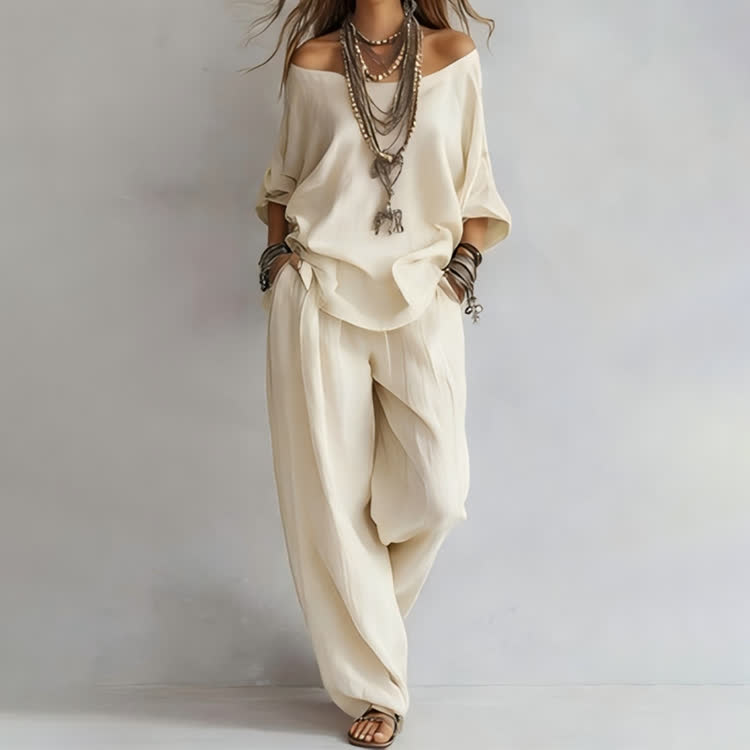 Simple Solid Cozy Wide Collar 3/4-sleeve Top & Pants Set - White - 3XL - image 1