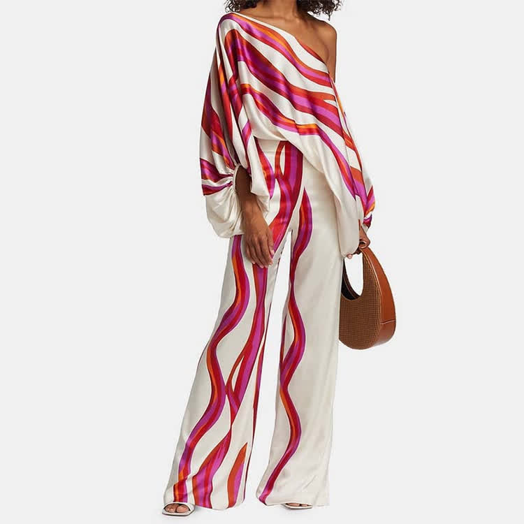 Fashion Tie-dye Stripe Gradient Cold Shoulder Batwing Sleeves Tops & Wide Leg Pants Set - Rose - 3XL - image 2