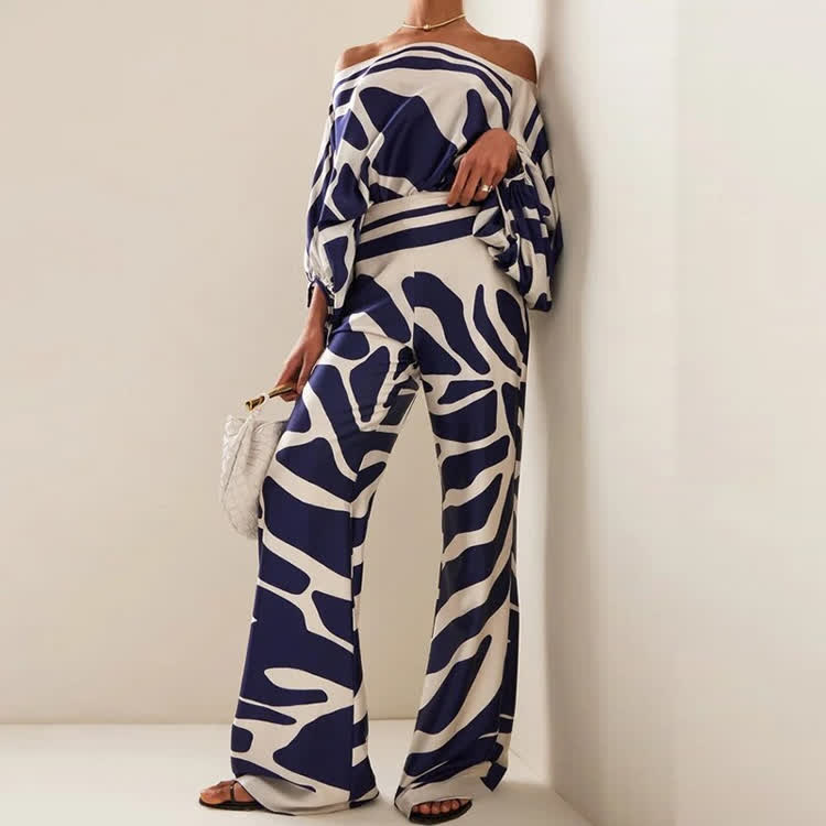 Fashion Tie-dye Stripe Gradient Cold Shoulder Batwing Sleeves Tops & Wide Leg Pants Set - Blue - 3XL - image 1