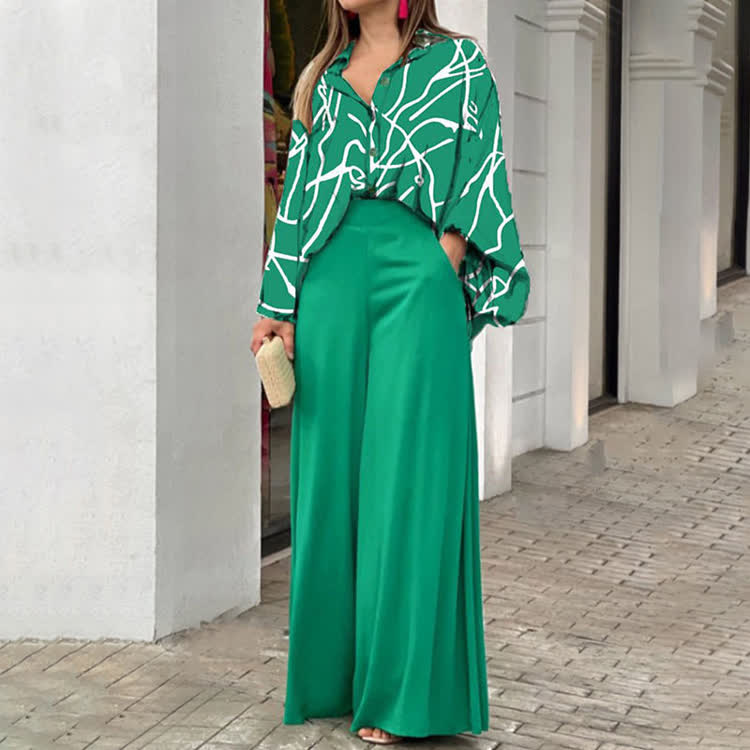 Elegant Color Block Print Turn-down Collar Lantern-sleeve Shirt & Large Pocket Wide-leg Pants Set - Light Green - 3XL - image 2