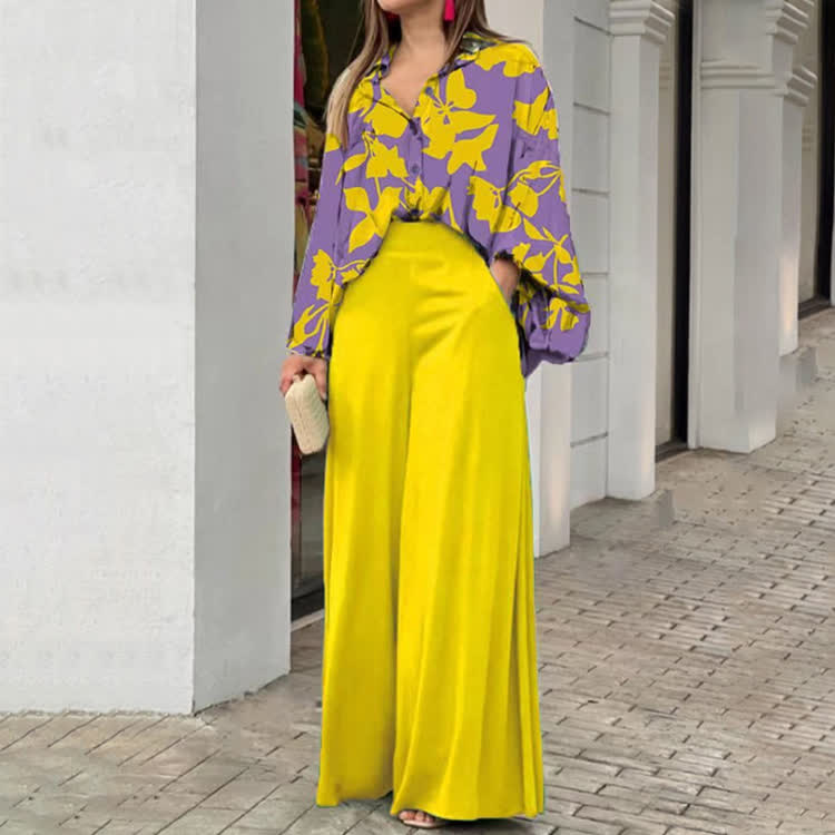 Elegant Color Block Print Turn-down Collar Lantern-sleeve Shirt & Large Pocket Wide-leg Pants Set - Yellow - 3XL - image 1