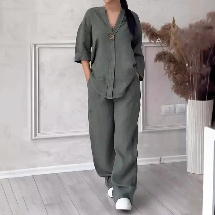 Solid Cozy Notched Collar Long-sleeve Blouse & Wide-leg Pants Set - Dark Grey - 5XL - image 3