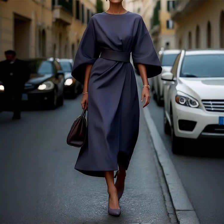 Elegant Solid Demeanor Batwing Sleeves Round-sleeve Dress - Navy Blue - 3XL - image 2
