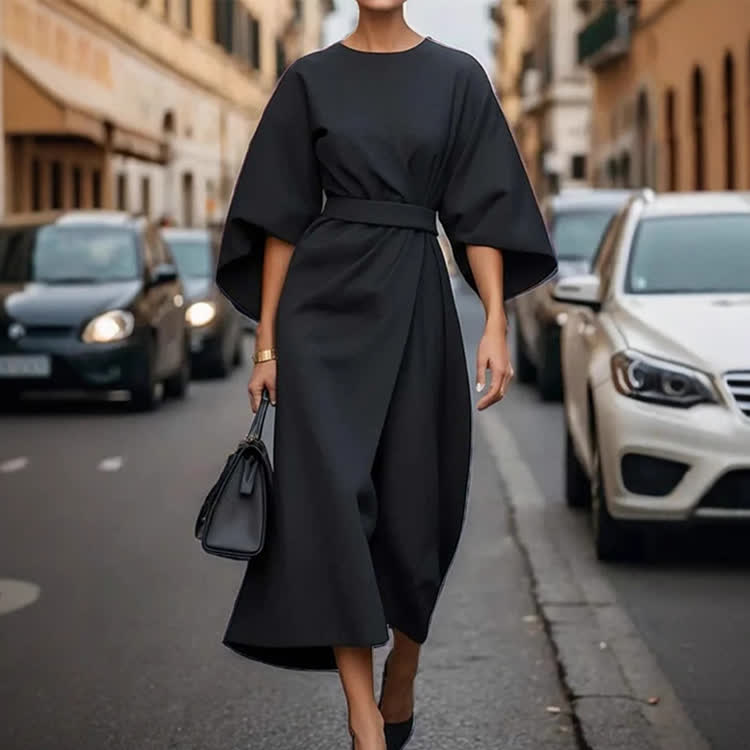 Elegant Solid Demeanor Batwing Sleeves Round-sleeve Dress - Black - 3XL - image 1