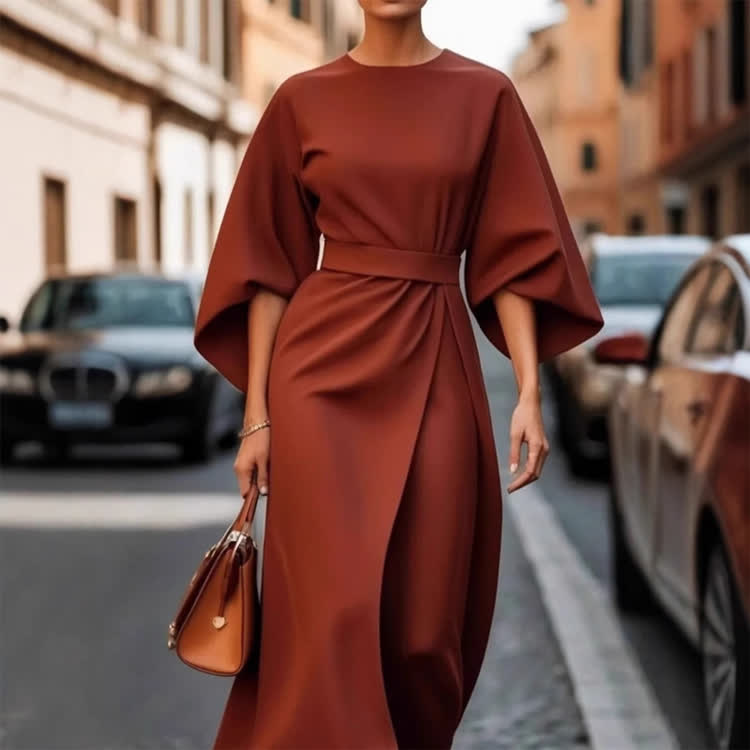 Elegant Solid Demeanor Batwing Sleeves Round-sleeve Dress - Brown - 3XL - image 11