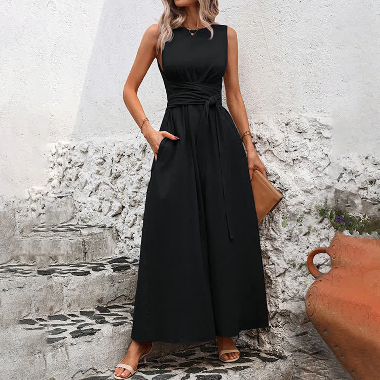 Elegant Solid Waist Tie Sleeveless Round-sleeve Maxi Dress - Black - 2XL - image 3
