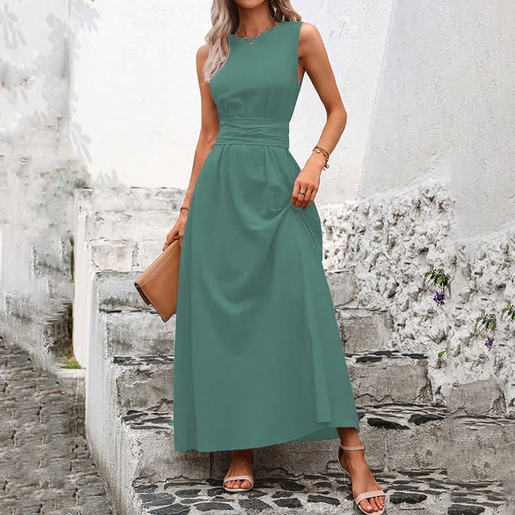Elegant Solid Waist Tie Sleeveless Round-sleeve Maxi Dress - Light Green - 2XL - image 2