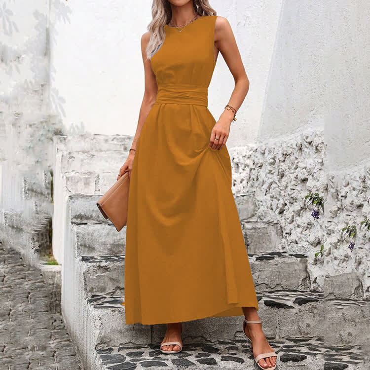 Elegant Solid Waist Tie Sleeveless Round-sleeve Maxi Dress - Yellow - 2XL - image 4