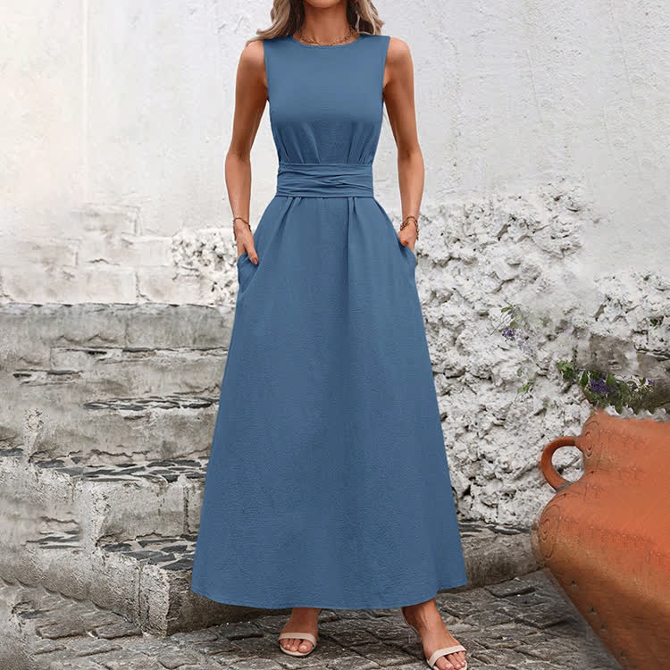 Elegant Solid Waist Tie Sleeveless Round-sleeve Maxi Dress - Blue - 2XL - image 1