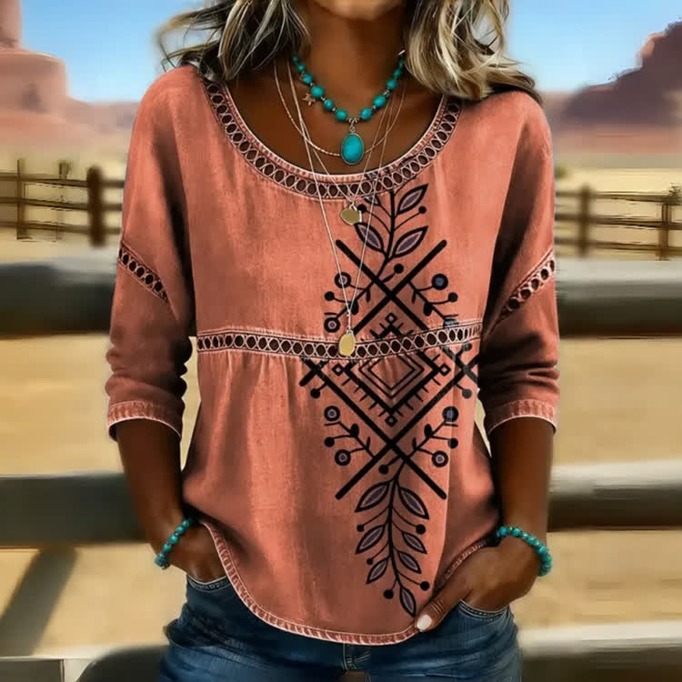 Boho Geometric Print Openwork Lace Splicing Round Neck Half Sleeve Blouse - Orange - 4XL - image 2