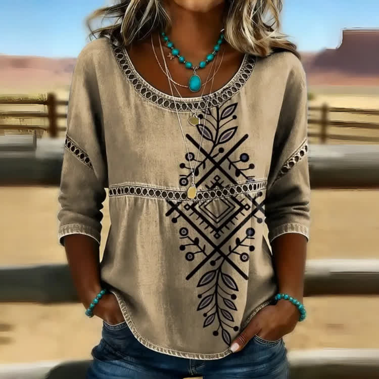 Boho Geometric Print Openwork Lace Splicing Round Neck Half Sleeve Blouse - Khaki - 4XL - image 1