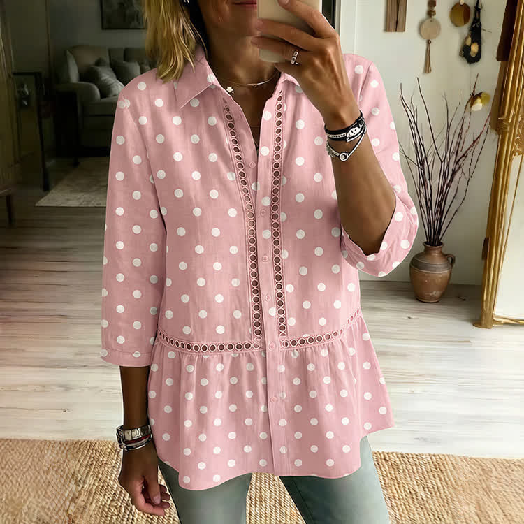 Casual Polka Dot Openwork Lace Linen Blend 3/4 Sleeve Blouse - Pink - 4XL - image 2