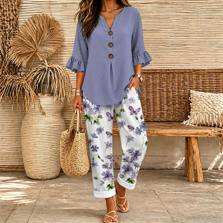 Elegant Watercolor Natural Flowers Print Casual Pocket Pants & Solid Ruffle Sleeves Blouse Set - Light Purple - 4XL - image 1