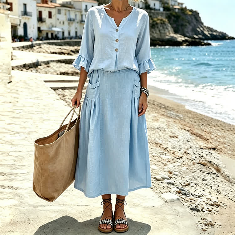 Solid Button V-neck Ruffle Sleeves Blouse & Solid Pocket Skirt Set - image 14