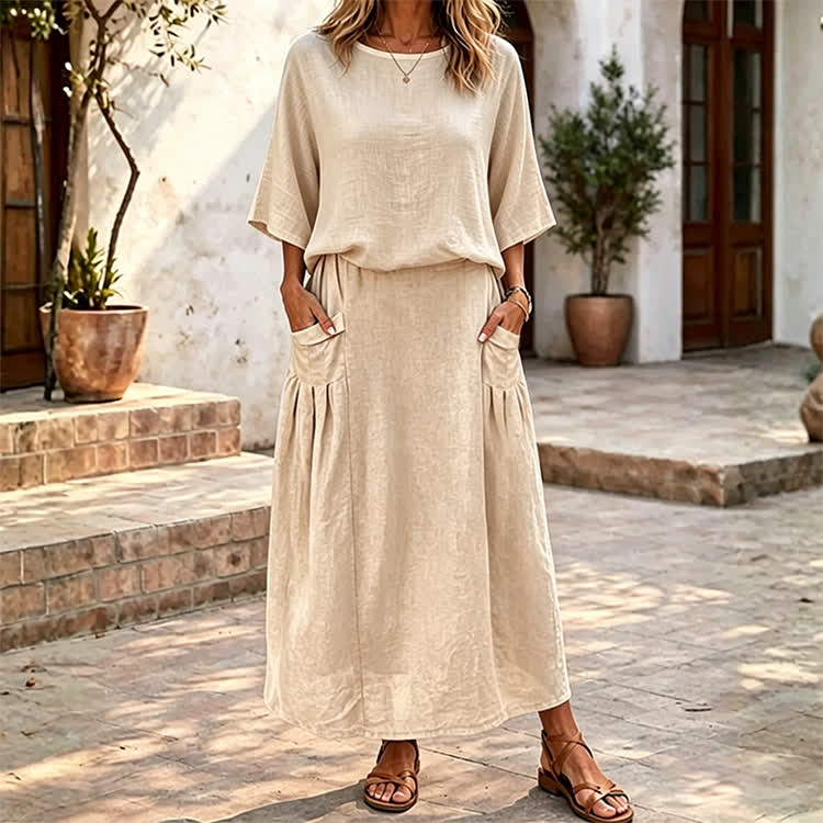 Elegant Solid Print 3/4 Sleeve Casual Blouse & Solid Pocket Skirt Set - Apricot - 4XL - image 2