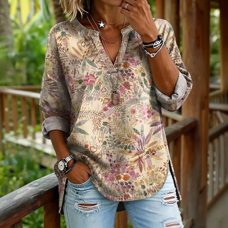 Hippie Vintage Dried Flowers Pattern Print Long Sleeve Casual Blouse - Apricot - US 30 (8XL) - image 1