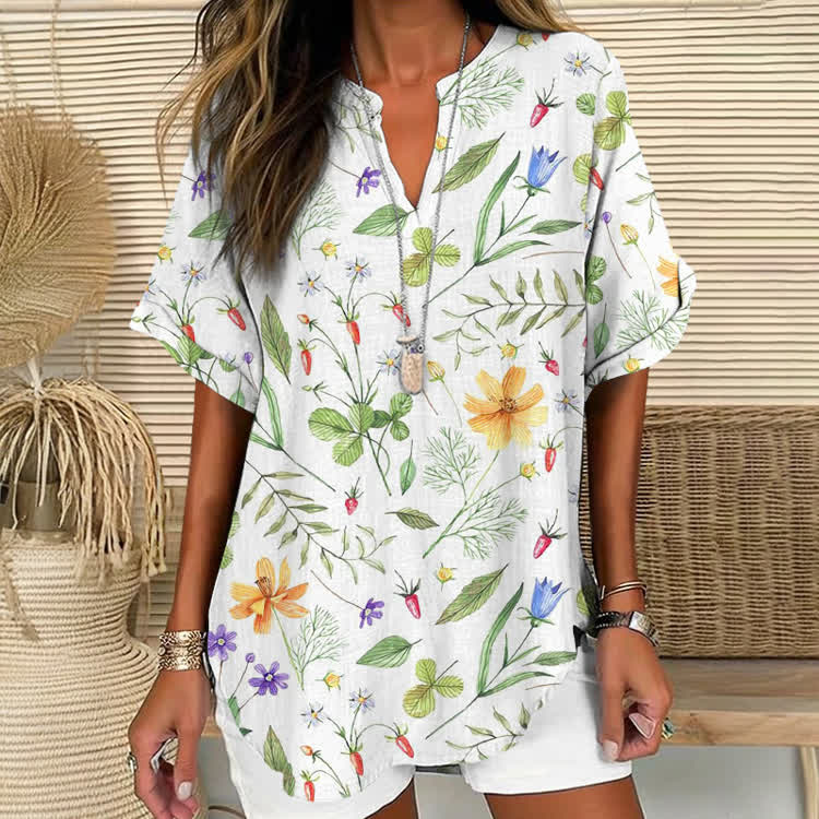 Casual Pastoral Plants Print Short Sleeve Casual Blouse - White - 5XL - image 1