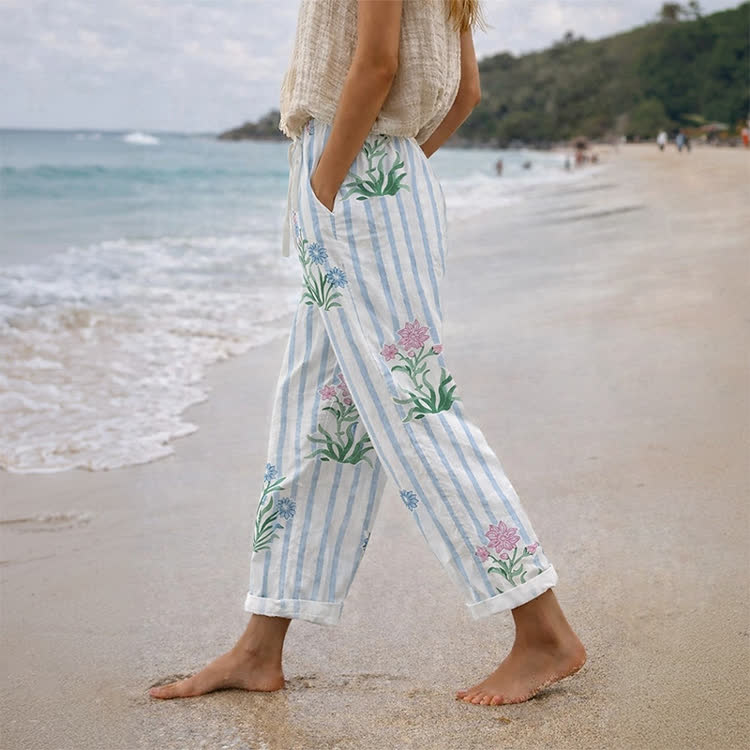 Minimalist Stripes And Florals Pattern Print Casual Pocket Pants  - Sky Blue - US 20 (5XL) - image 1