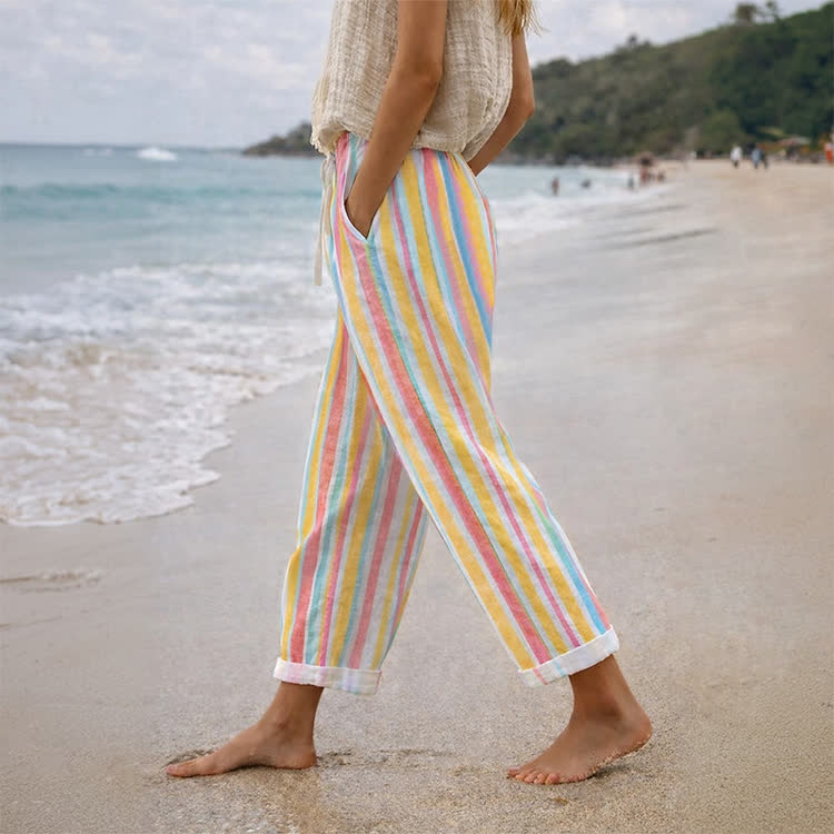Simple Colorful Beach Stripes Pattern Print Casual Pocket Pants  - Yellow - US 20 (5XL) - image 1