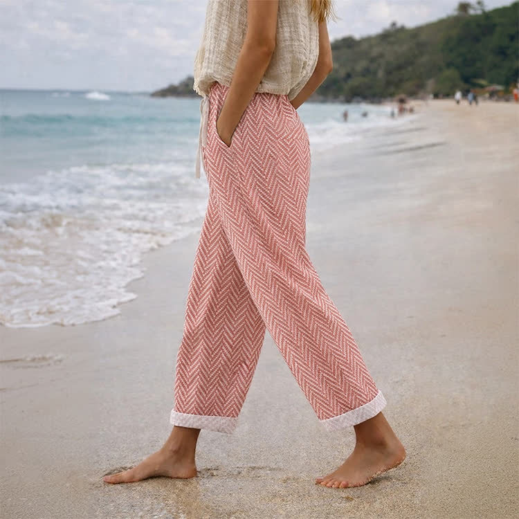 Minimalist Herringbone Pattern Print Casual Pocket Pants  - Red - US 20 (5XL) - image 1