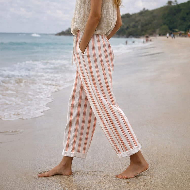 Simple Regular Stripes Pattern Pattern Print Casual Pocket Pants  - Red - US 20 (5XL) - image 1