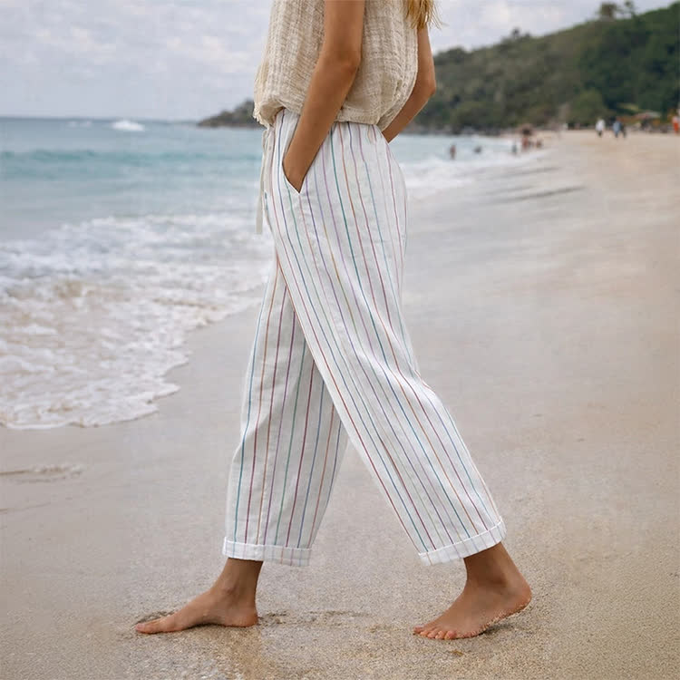 Simple Colorful Fine Stripes Pattern Pattern Print Casual Pocket Pants  - White - US 20 (5XL) - image 1