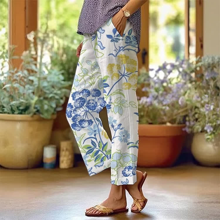 Elegant Florals Pattern Print Casual Pocket Pants  - White - US 20 (5XL) - image 1