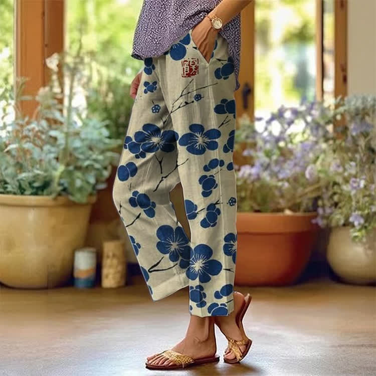 Elegant Japanese Plum Blossom Silhouette Pattern Print Casual Pocket Pants  - Blue - US 20 (5XL) - image 1