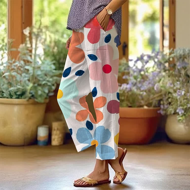Minimalist Colorful Flowers Pattern Print Casual Pocket Pants  - White - US 20 (5XL) - image 1