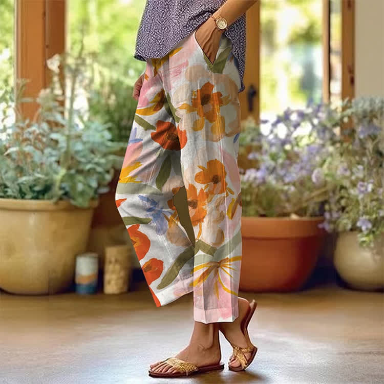 Spontaneous Floral Oil Painting Pattern Print Casual Pocket Pants  - Orange - US 20 (5XL) - image 1
