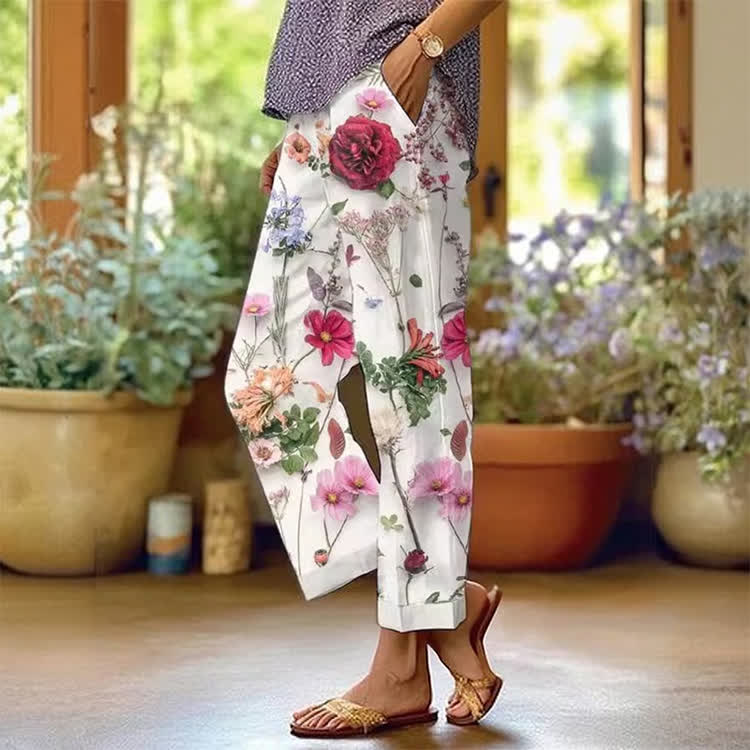 Random Dried Flowers Pattern Print Casual Pocket Pants  - White - US 20 (5XL) - image 1