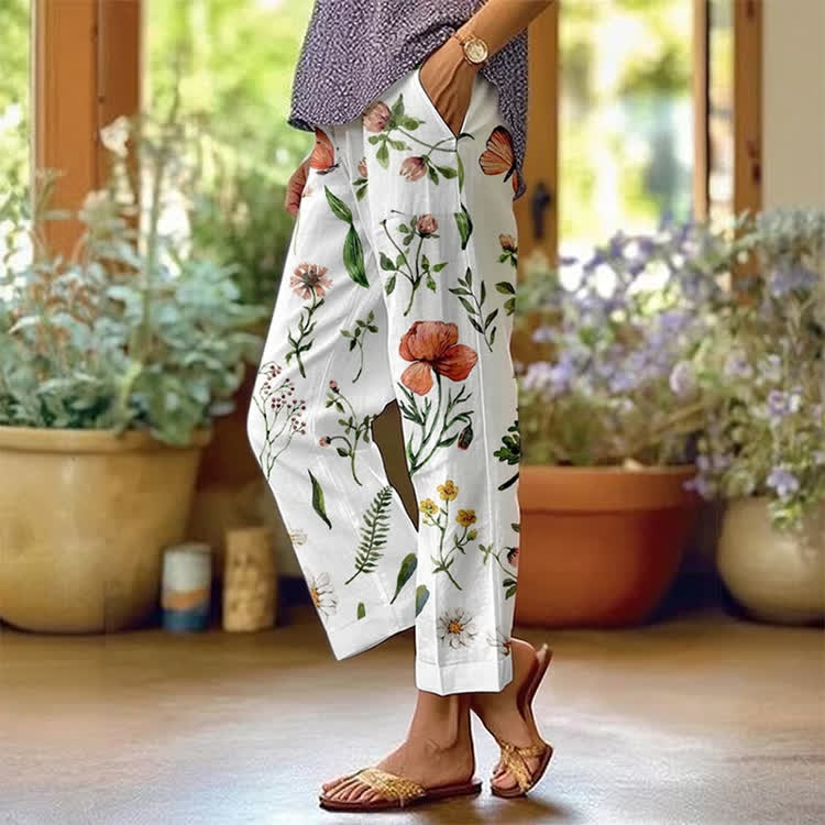 Butterflies And Flowers Pattern Print Casual Pocket Pants  - White - US 20 (5XL) - image 1