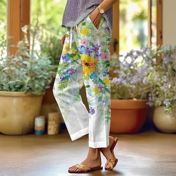 Watercolor Floral Vines Pattern Print Casual Pocket Pants  - White - US 20 (5XL) - image 1