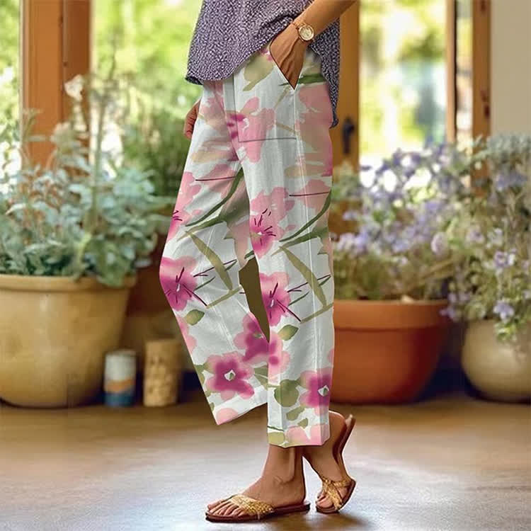 Watercolor Floral Blending Pattern Print Casual Pocket Pants  - White - US 20 (5XL) - image 1