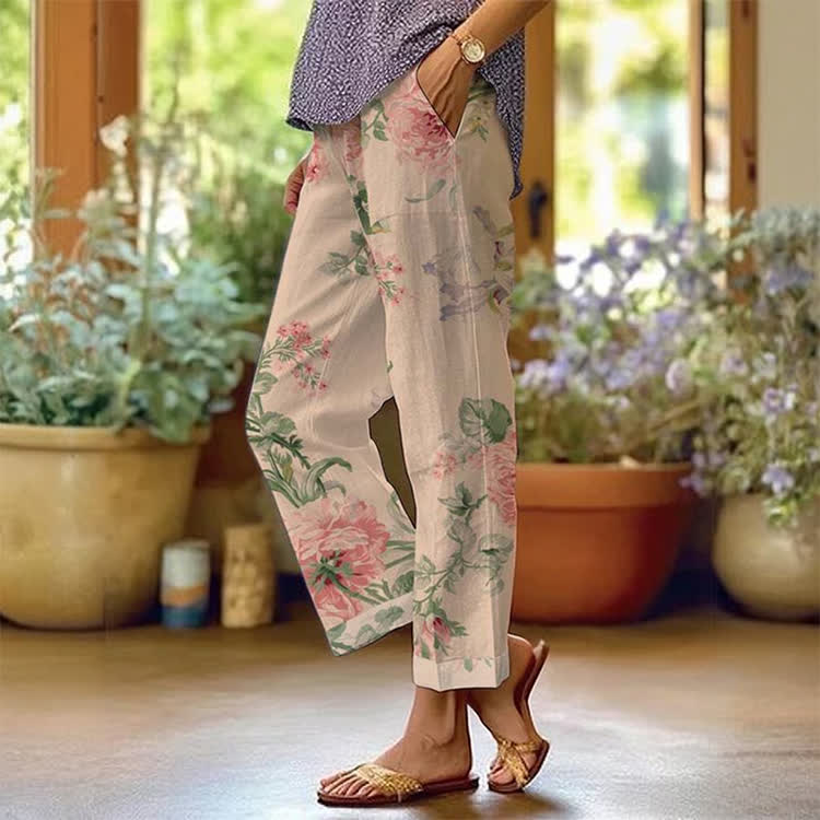 Retro-Nostalgic Florals Pattern Print Casual Pocket Pants  - Apricot - US 20 (5XL) - image 1