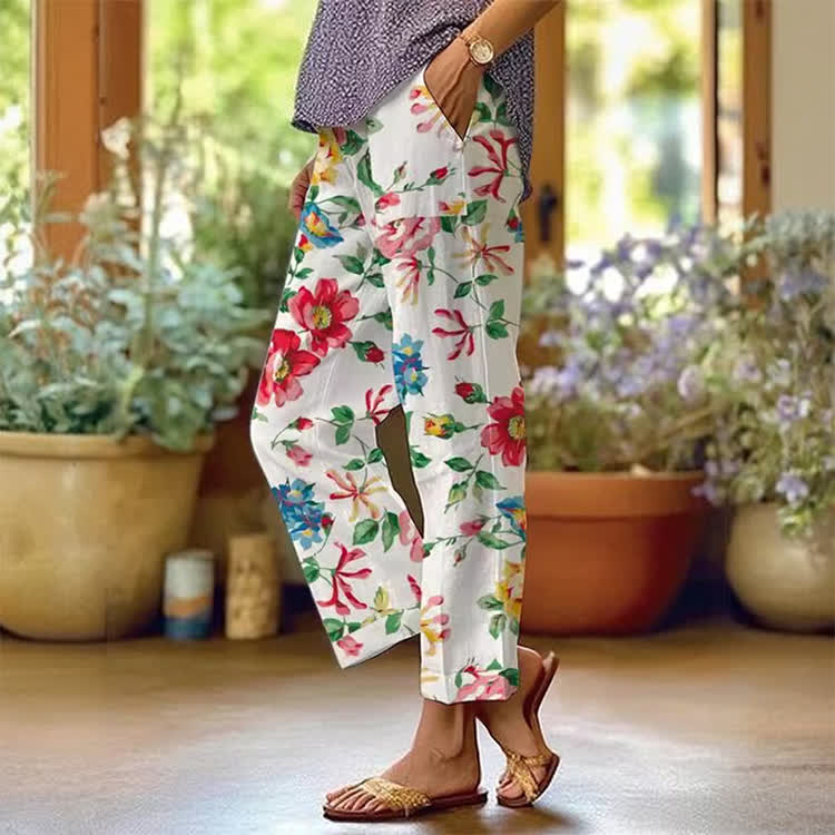 Vintage Watercolor Flowers Pattern Print Casual Pocket Pants  - White - US 20 (5XL) - image 1