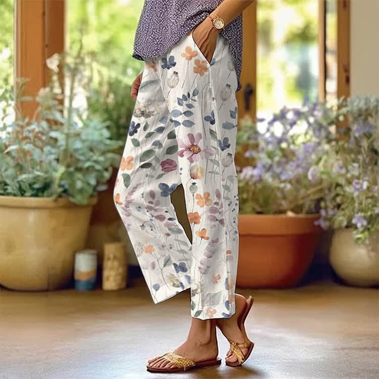 Watercolor Botanicals Pattern Print Casual Pocket Pants  - White - US 20 (5XL) - image 1