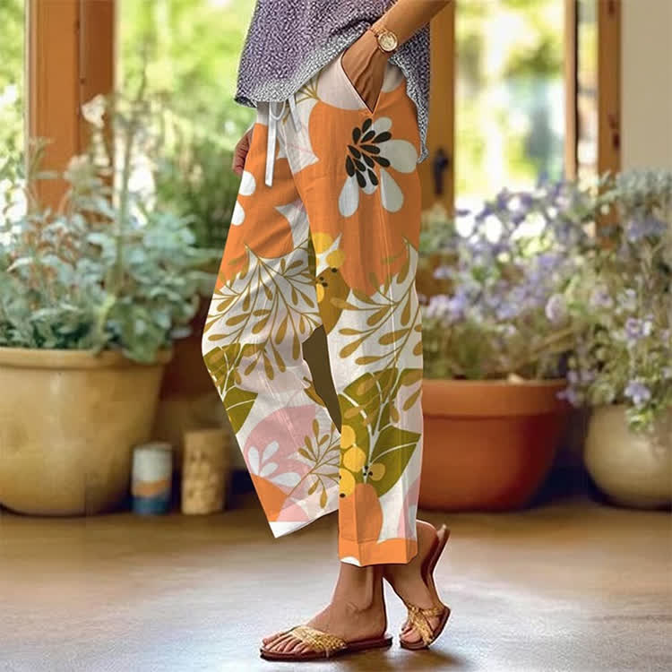Vibrant Large Floral Pattern Print Casual Pocket Pants  - Orange - US 20 (5XL) - image 1