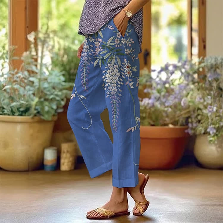 Vintage Wisteria Stitch Pattern Print Casual Pocket Pants  - Blue - US 20 (5XL) - image 1