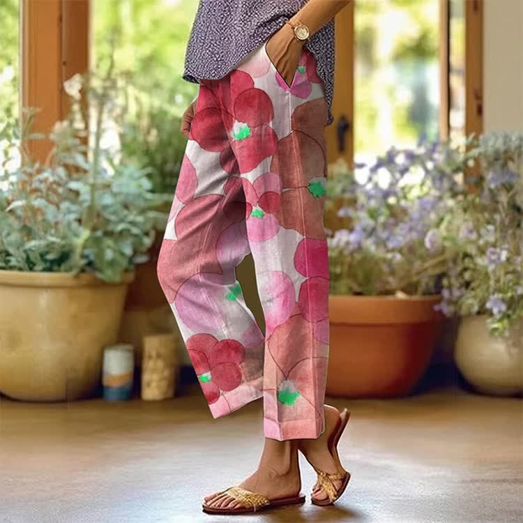 Simple Watercolor Large Flowers Pattern Print Casual Pocket Pants  - Pink - US 20 (5XL) - image 2