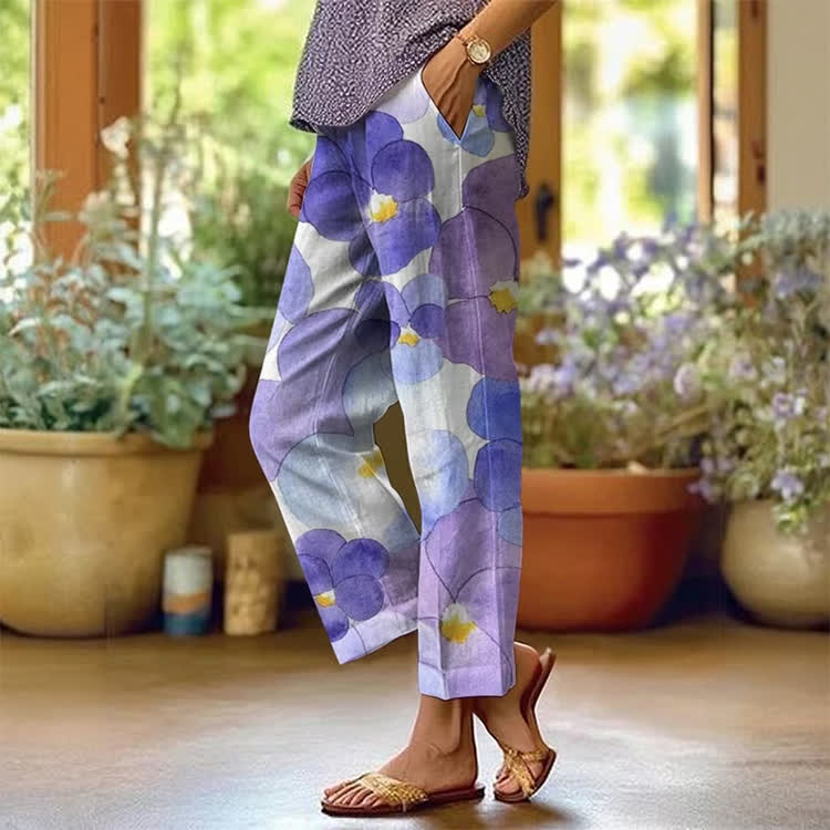 Simple Watercolor Large Flowers Pattern Print Casual Pocket Pants  - Purple - US 20 (5XL) - image 1
