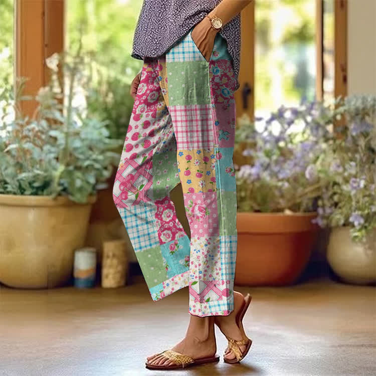 Pastoral Floral And Plaid Patchwork Pattern Print Casual Pocket Pants  - Light Blue - US 20 (5XL) - image 1