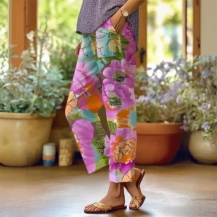 Artistic Flowers Pattern Print Casual Pocket Pants  - Rose - US 20 (5XL) - image 1