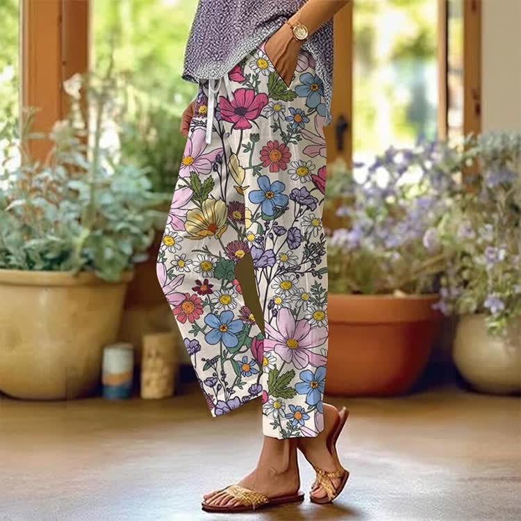 Fairy Tale Flower Garden Pattern Print Casual Pocket Pants  - White - US 20 (5XL) - image 1