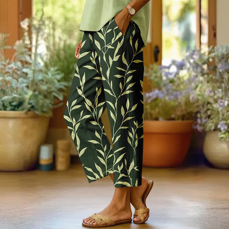 Vine And Leaf Silhouettes Pattern Print Casual Pocket Pants  - Green - US 20 (5XL) - image 1