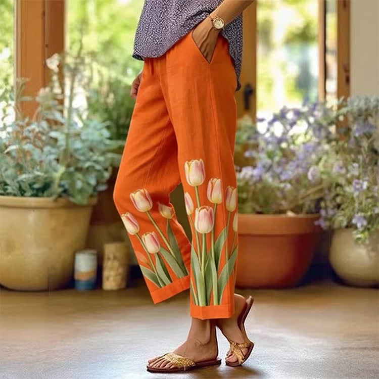Elegant Tulip Base Pattern Print Casual Pocket Pants  - Orange - US 20 (5XL) - image 1