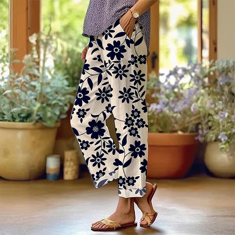 Minimalist Floral Silhouettes Pattern Print Casual Pocket Pants  - Apricot - US 20 (5XL) - image 1