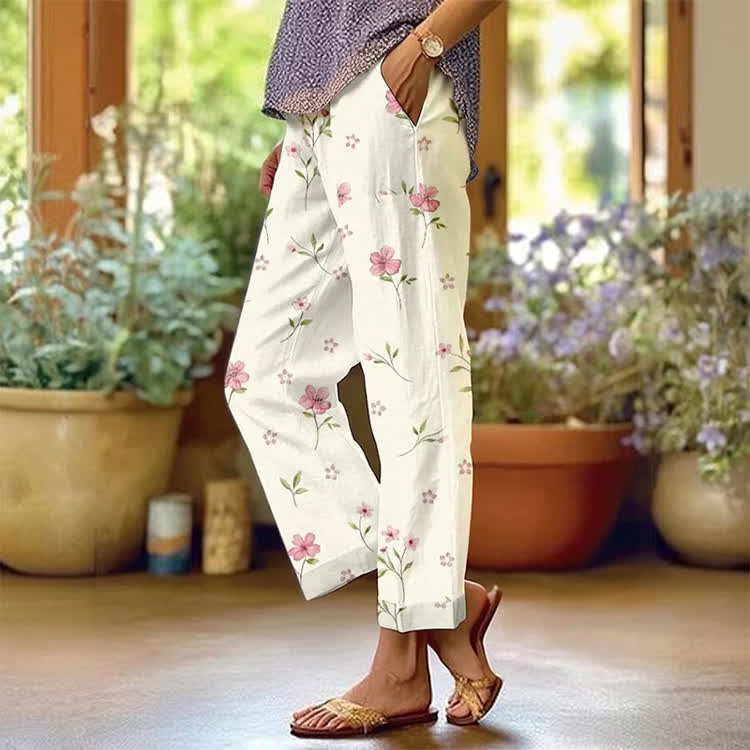 Pastoral Little Flowers Pattern Print Casual Pocket Pants  - White - US 20 (5XL) - image 1